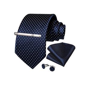 Men's Silk Tie + Pocket Square + Cufflinks + Tie Clip 4 Piece Set